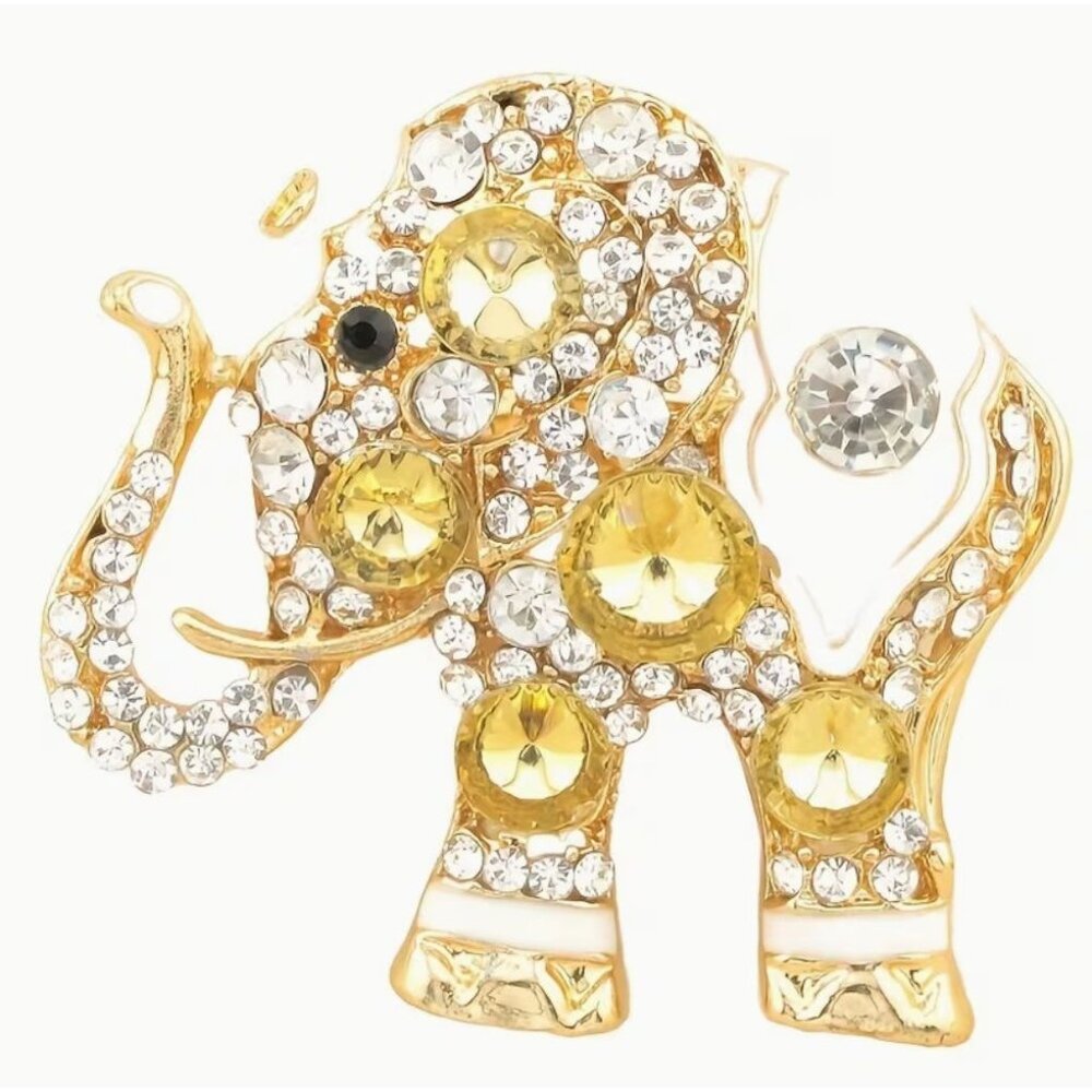 Betsey Johnson Yellow Rivoli Crystal Elephant Brooch Gold-Tone